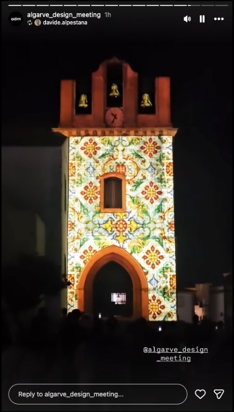Faro Cathedral illuminated with a colourful tile pattern