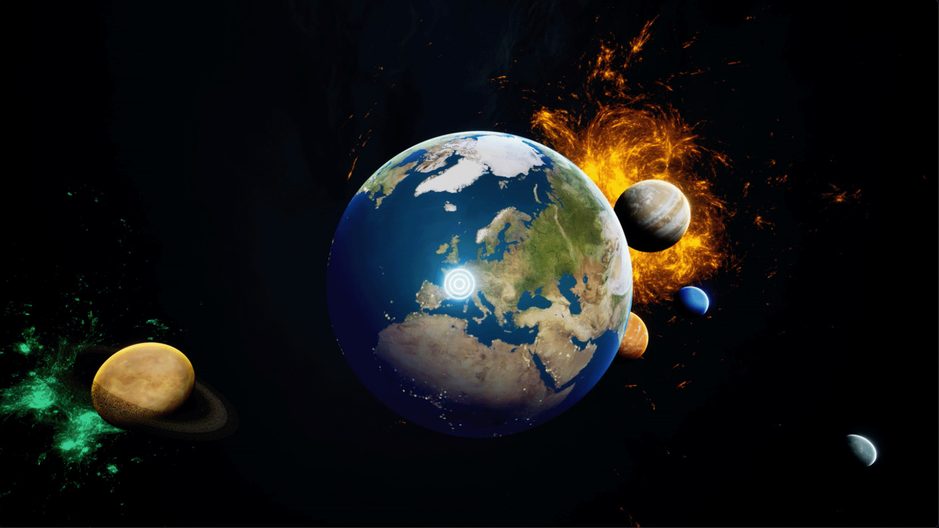 A glowing Earth surrounded by planets and coloured energy