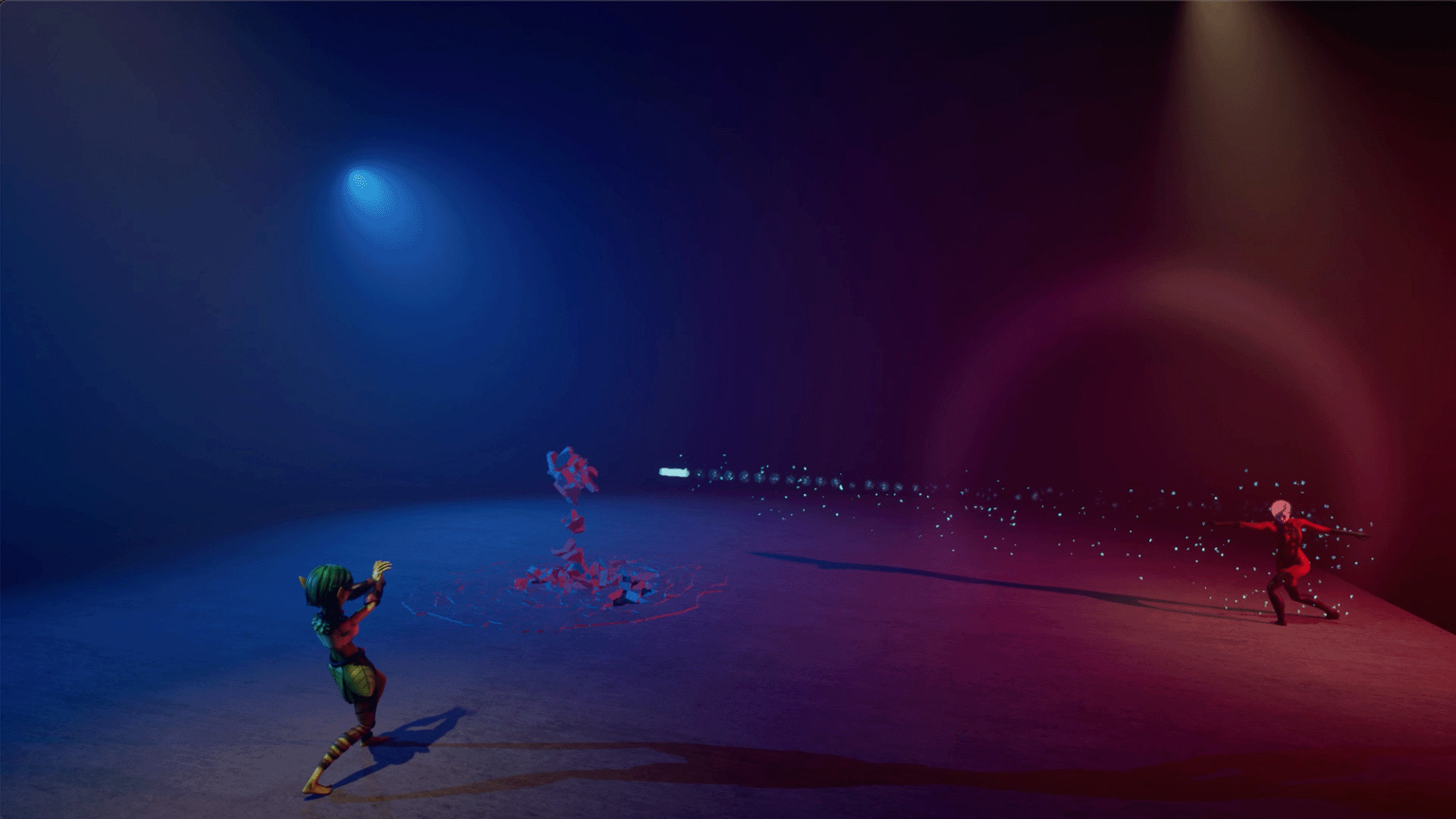 Two figures using effects in a blue and red environment