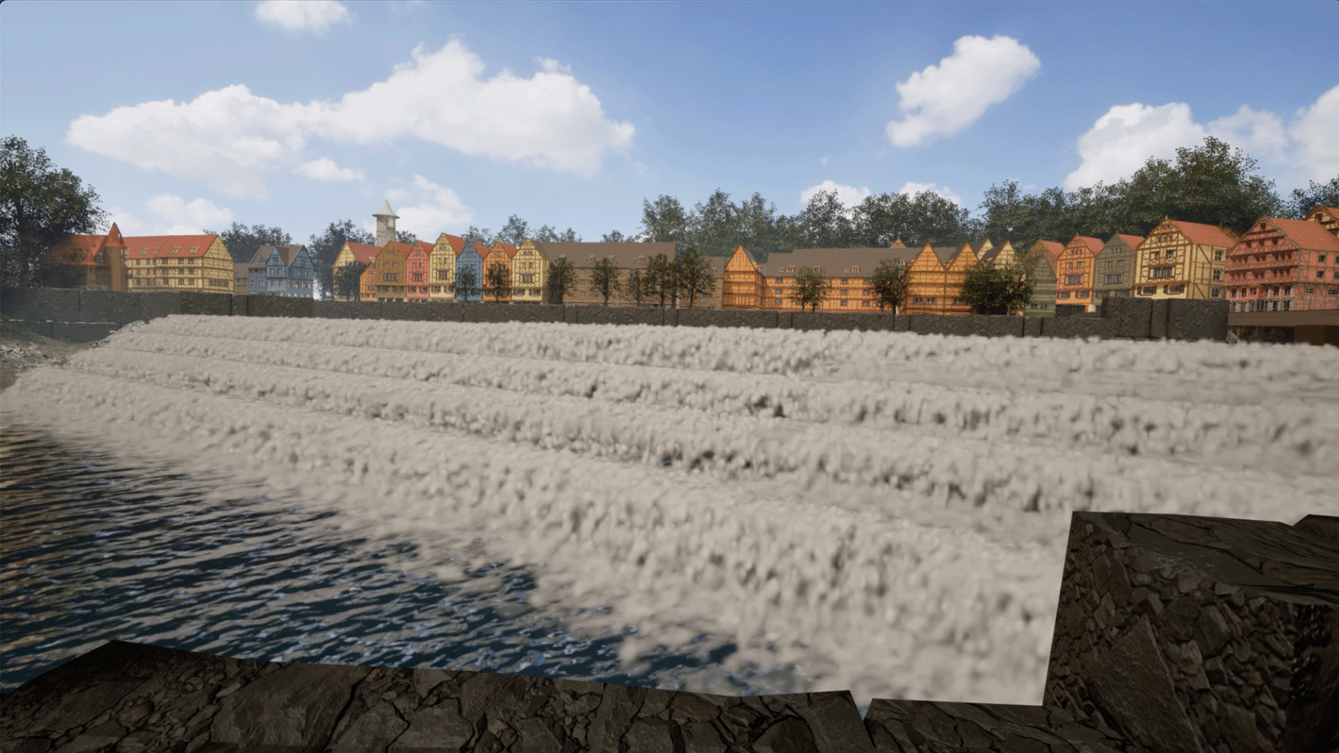 A riverside town environment in Unreal Engine